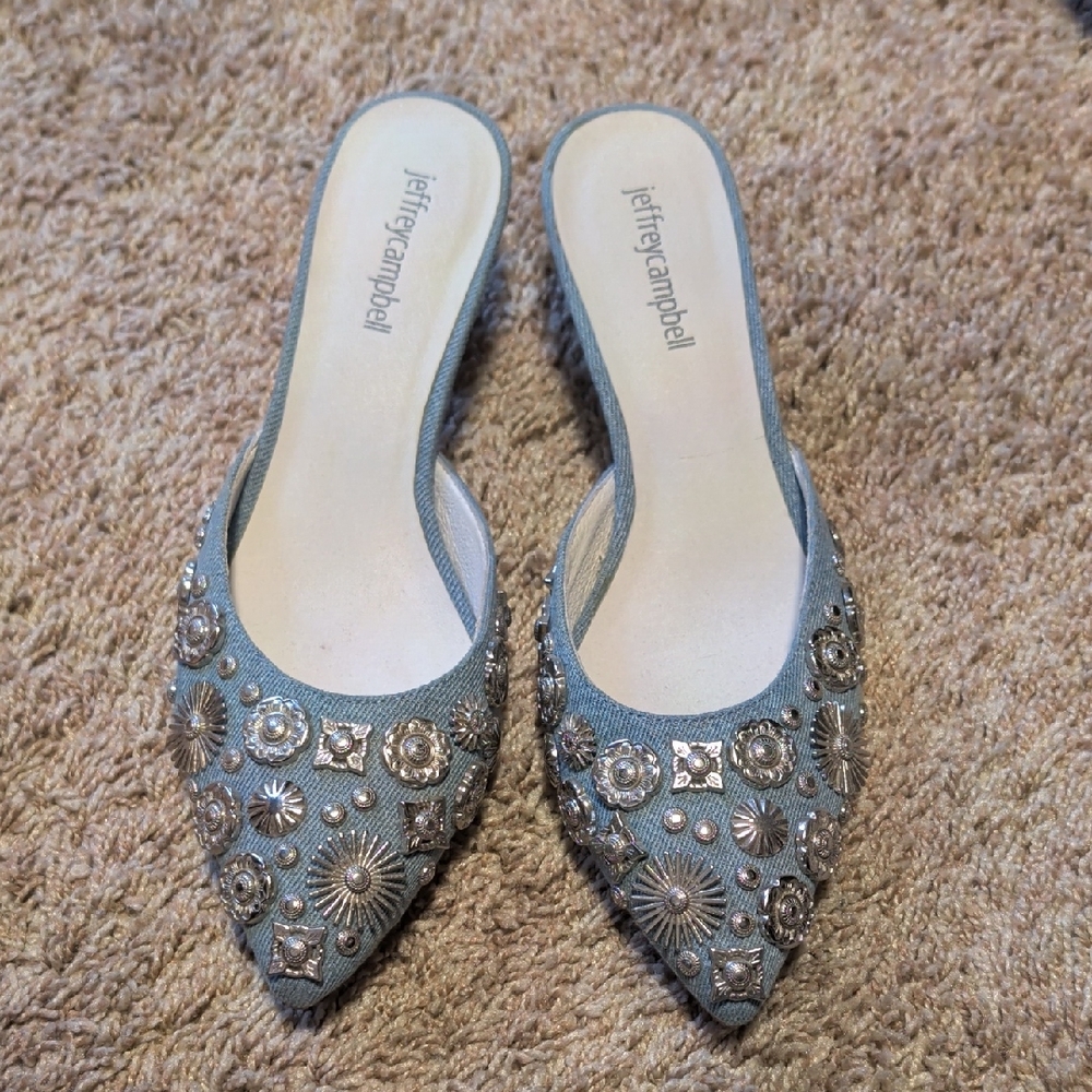 Jeffrey Campbell Silver Embellished Blue Mules